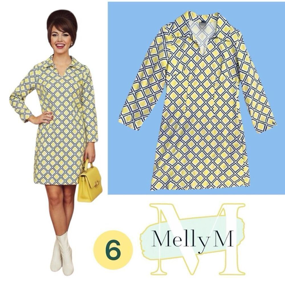 Melly M Women's Geometric Print 3/4 Sleeve V Neck Shift Dress Blue Yellow Size 6